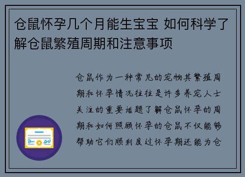 仓鼠怀孕几个月能生宝宝 如何科学了解仓鼠繁殖周期和注意事项